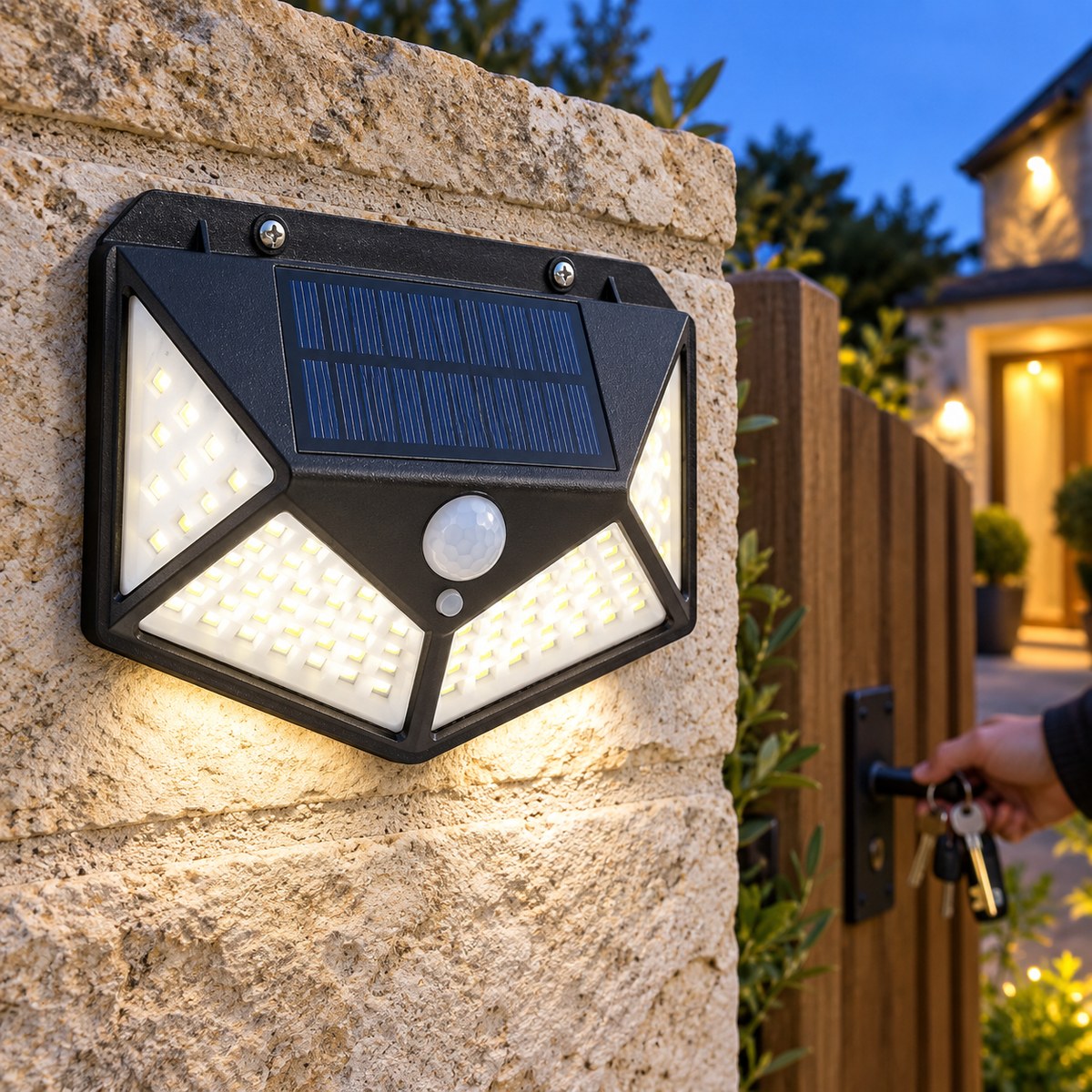 Solar motion wall light beside a gate with keys in hand; illustrative scene