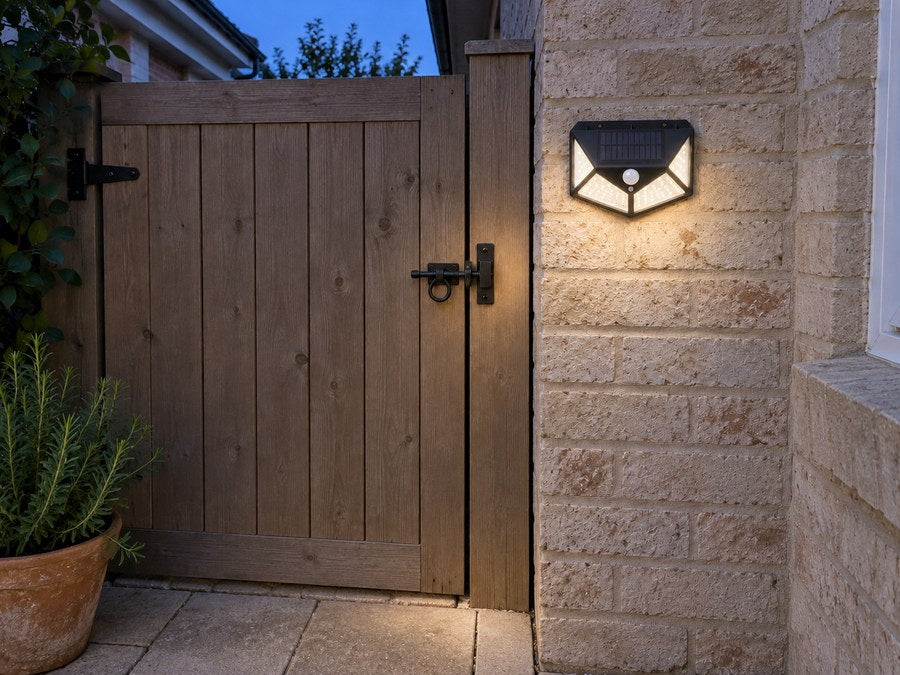 The same side gate with the wall light on