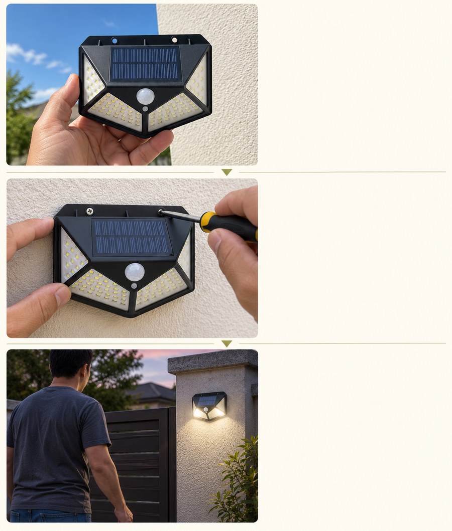 Illustrated sequence of checking sunlight, mounting the light and approaching after dark