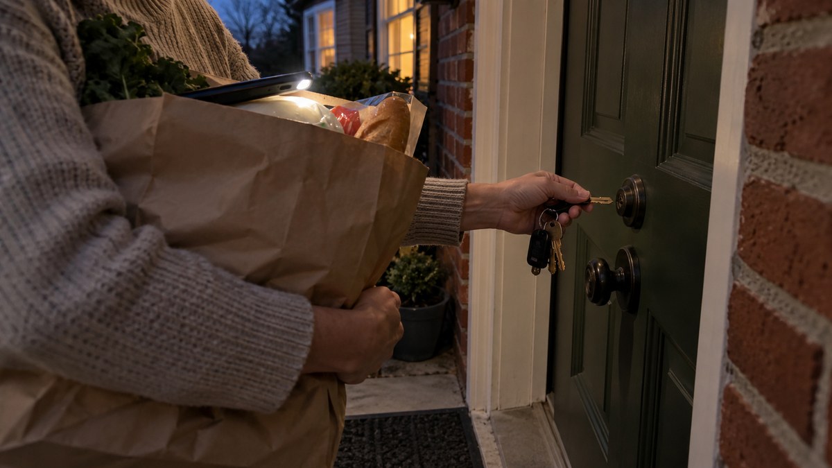 An adult carrying groceries beside a dim side entrance