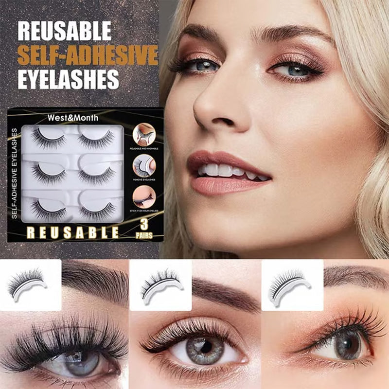 Reusable Self-Adhesive False Eyelashes – 3-Pair Glue-Free Lash Set