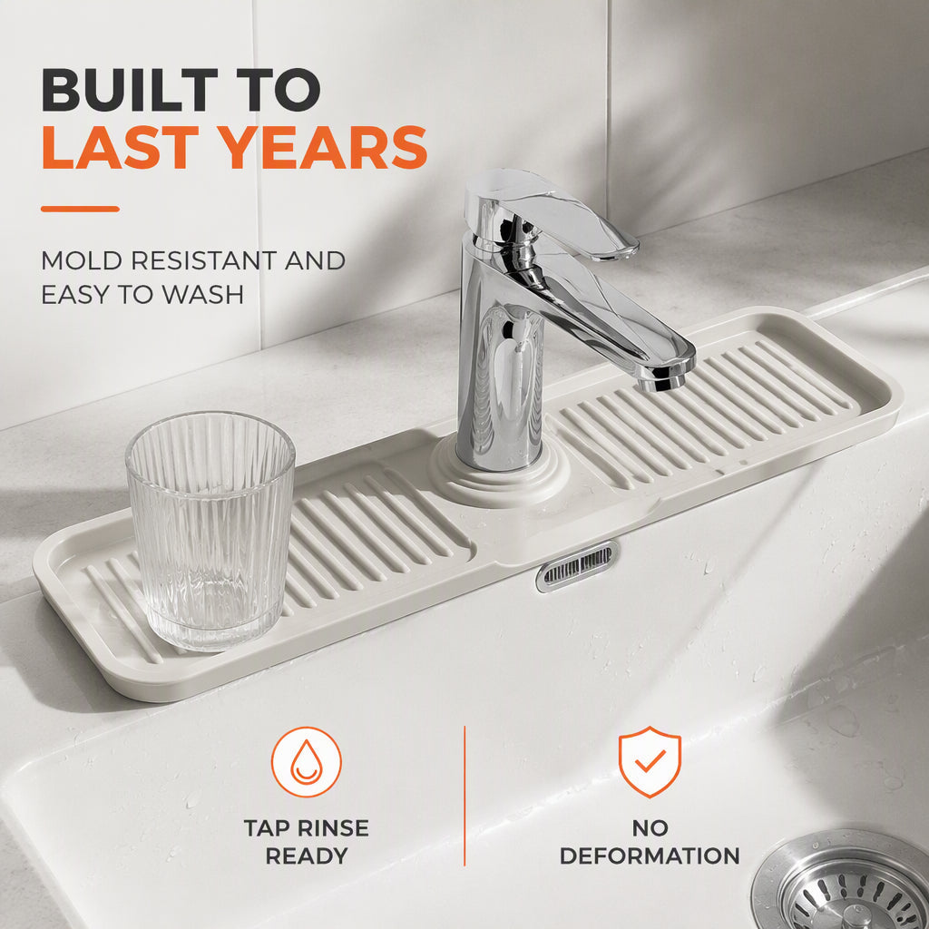 Source illustration of an installed faucet mat with rinse-care information