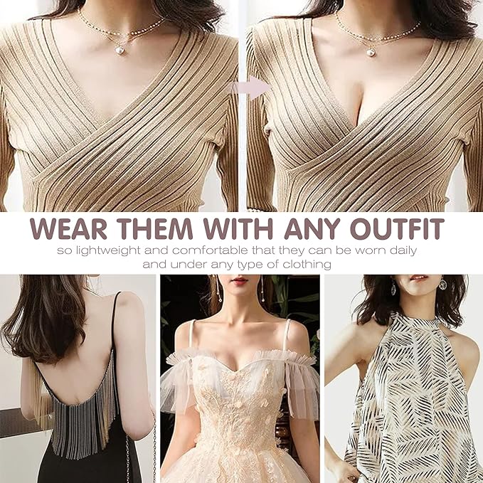 Adhesive invisible backless bras worn with different outfits