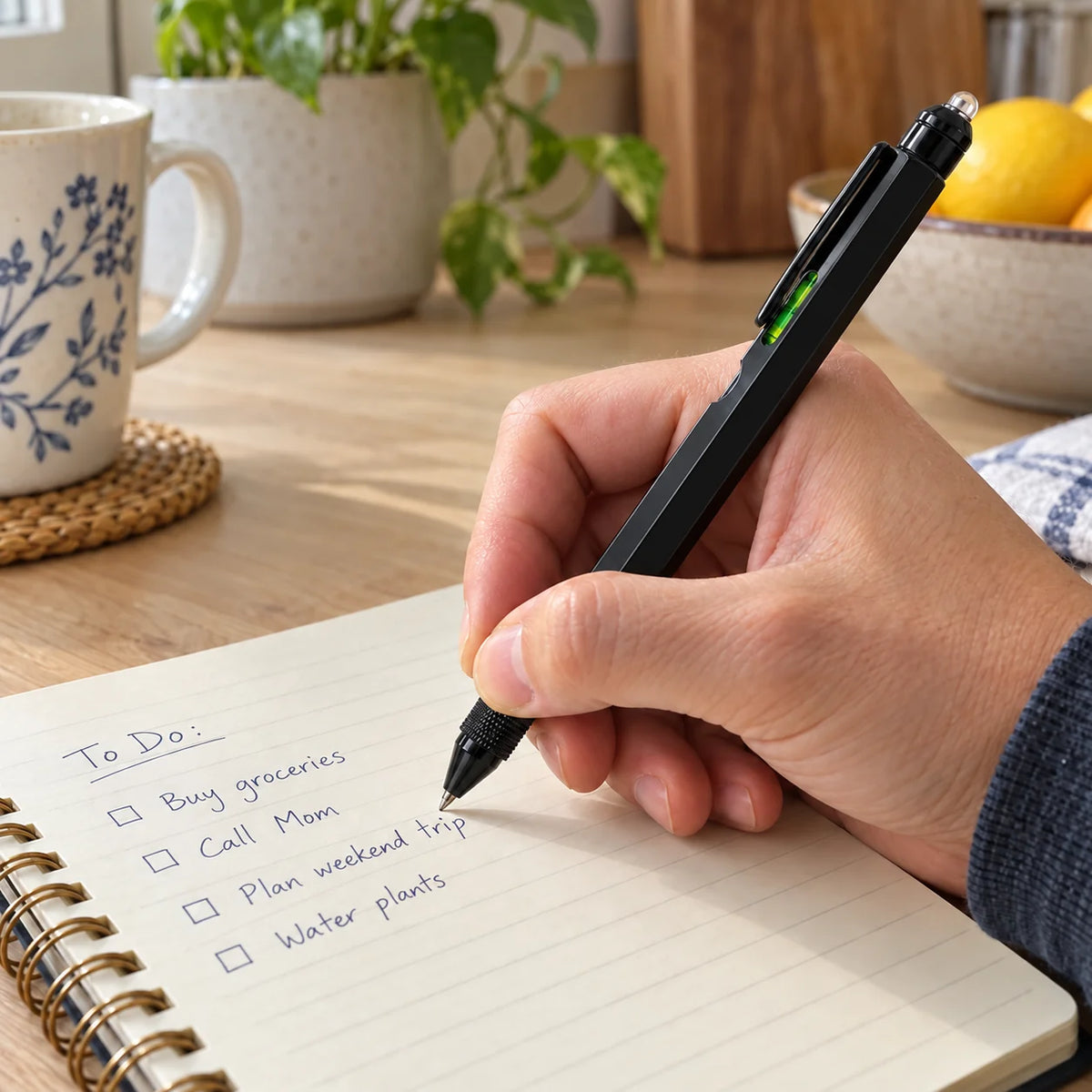 Multitool pen writing in a notebook
